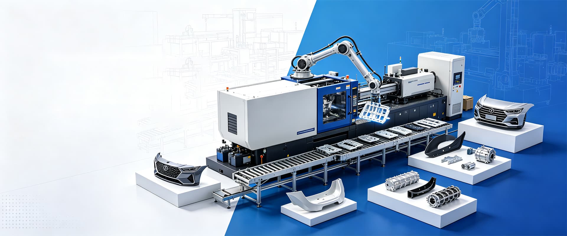 Bright blue and white custom plastic component manufacturing banner